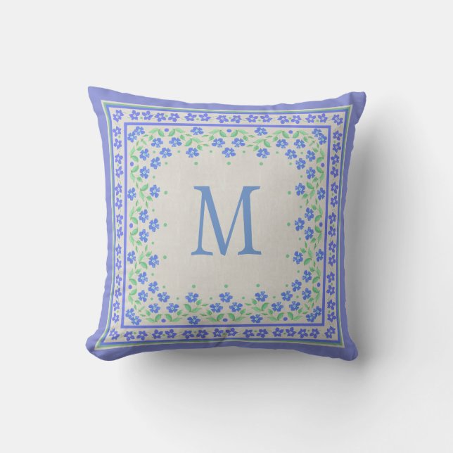 Coussin Monogramme Blue Periwinkkts Floral Bordure Faux Li (Recto)