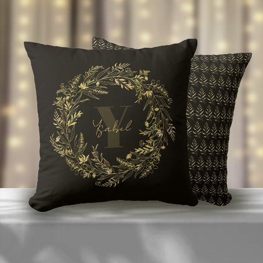 Coussin Monogramme botanique doré de la lettre Y