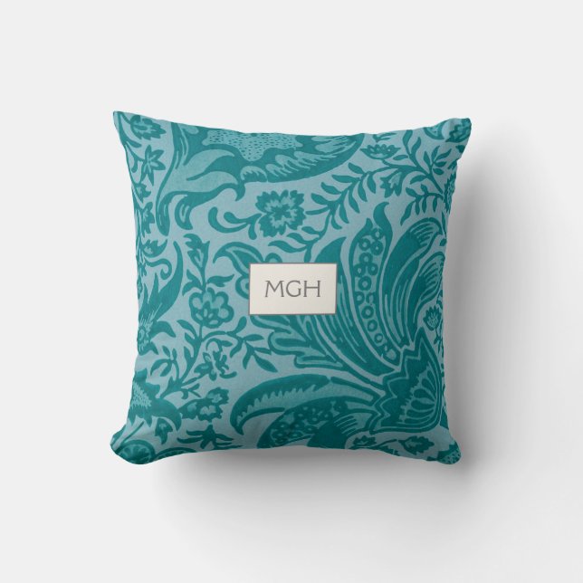 Coussin Monogramme botanique floral vert sarcelle moderne (Recto)