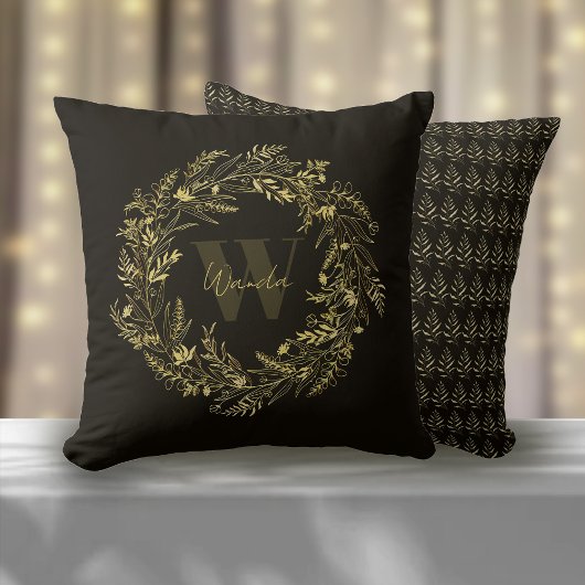 Coussin Monogramme botanique lettre W or chaud