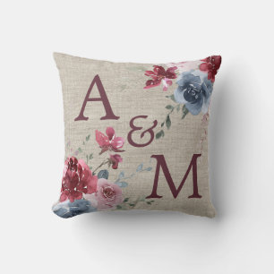 Coussin Monogramme Bourgogne Dusty Rose bleu Floral Linen