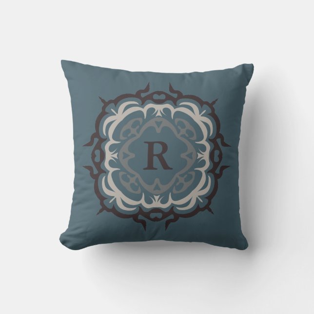 Coussin Monogramme bronzage beau de Flourish de brun bleu (Recto)