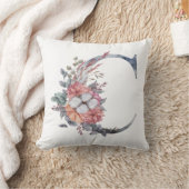 Coussin Monogramme C Fleurs Aquarelle Bleu Pêche Rose (Couverture)