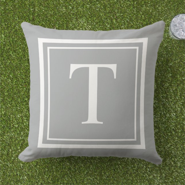 Coussin Monogramme cadre carré blanc gris classique (Herbe)