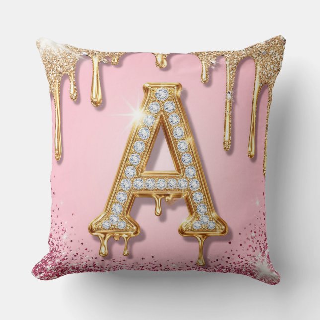 Coussin Monogramme Cadre Or Paillettes Roses Diamant A (Recto)