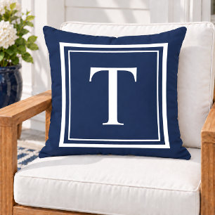 Coussin Monogramme carré cadre blanc marine classique