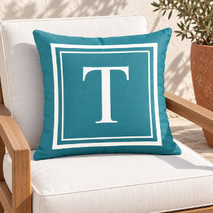 Coussin Monogramme carré cadre blanc sarcelle Classique