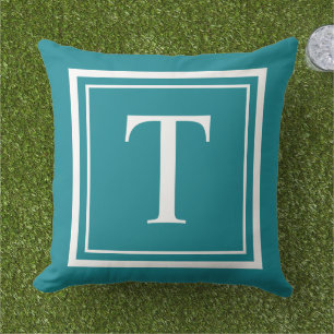 Coussin Monogramme carré cadre blanc sarcelle Classique