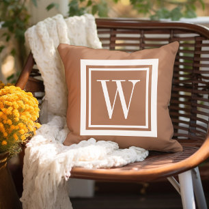 Coussin Monogramme carré classique en terre cuite et blanc