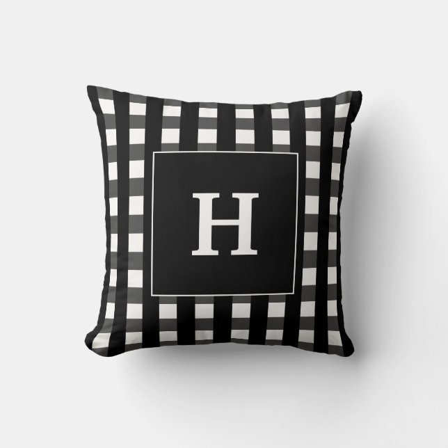 Coussin Monogramme carreaux moderne noir et blanc (Recto)