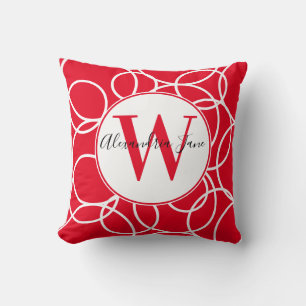 Coussin Monogramme Cercles blancs Rouge moderne Abstrait