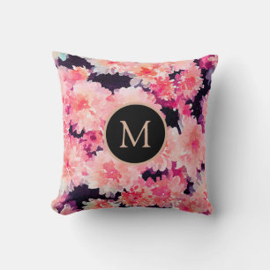 Coussin monogramme chic Abstrait d'aquarelle rose
