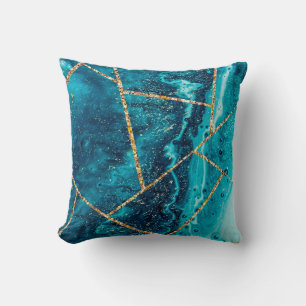 Coussin Monogramme Chic Géode d'Agate Bleu Nuit Or Élégant
