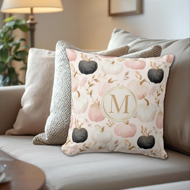 Coussin Monogramme Citrouille moderne - Initiale personnal (Créateur téléchargé)