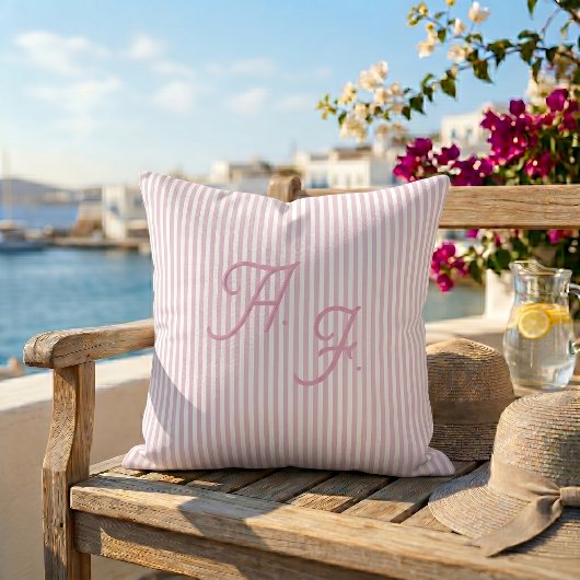 Coussin Monogramme Classique Rayure Rose Blanc Côté Mer