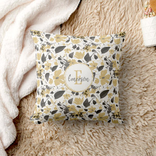 Coussin Monogramme Clematis Gris Jaune Fleurs