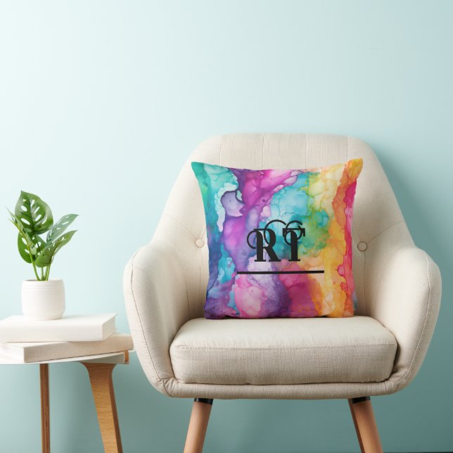 Coussin Monogramme d'aquarelle couleur arc-en-ciel (Chaise)
