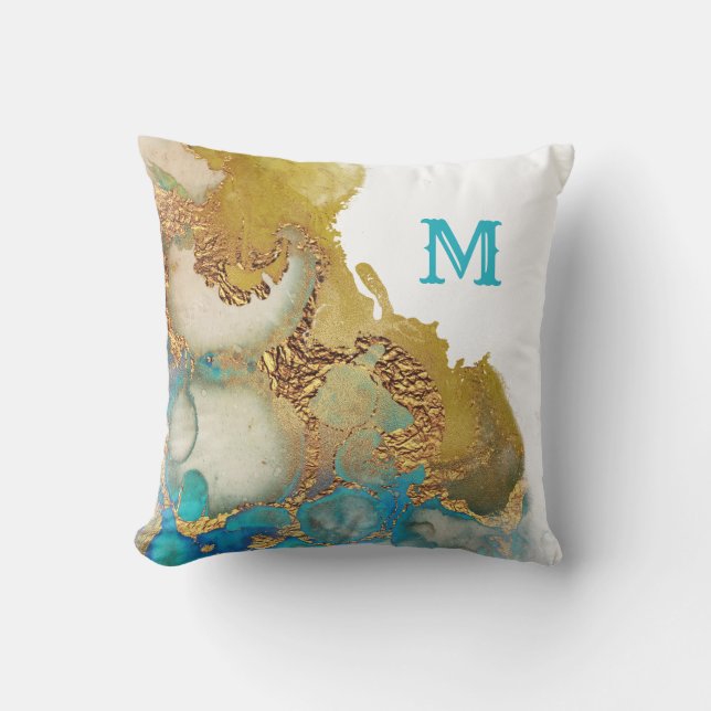 Coussin Monogramme d'aquarelle Turquoise Abstrait Gold Aga (Recto)