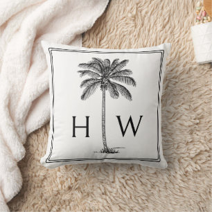 Coussin Monogramme d'arbre de palmier nain noir et blanc