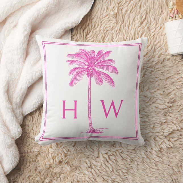 Coussin Monogramme d'arbre de palmier rose et blanc (Couverture)