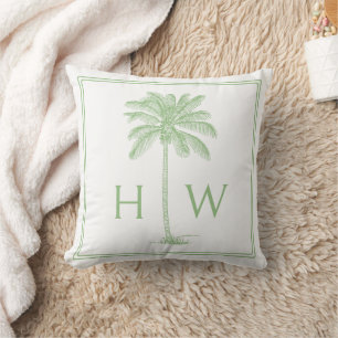 Coussin Monogramme d'arbre de palmier vert et blanc Palmet