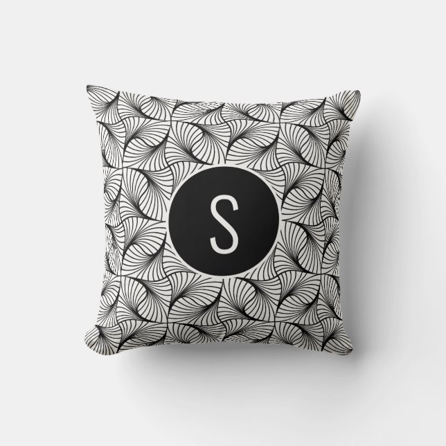 Coussin Monogramme d'art Abstrait moderne noir et blanc (Recto)