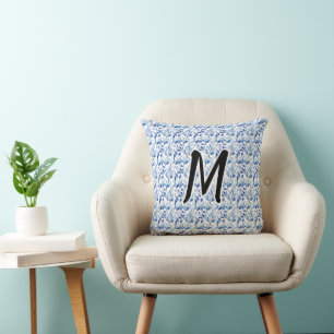 Coussin Monogramme d'art fin en mosaïque de feuilles bleue