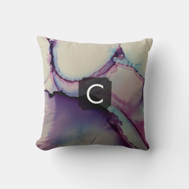 Coussin Monogramme d'art liquide Abstrait violet, bleu et  (Recto)