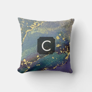 Coussin Monogramme d'art liquide violet, sarcelle et or