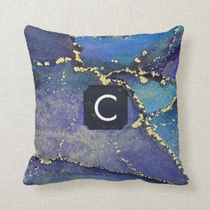 Coussin Monogramme d'art Turquoise et liquide d'or bleu vi