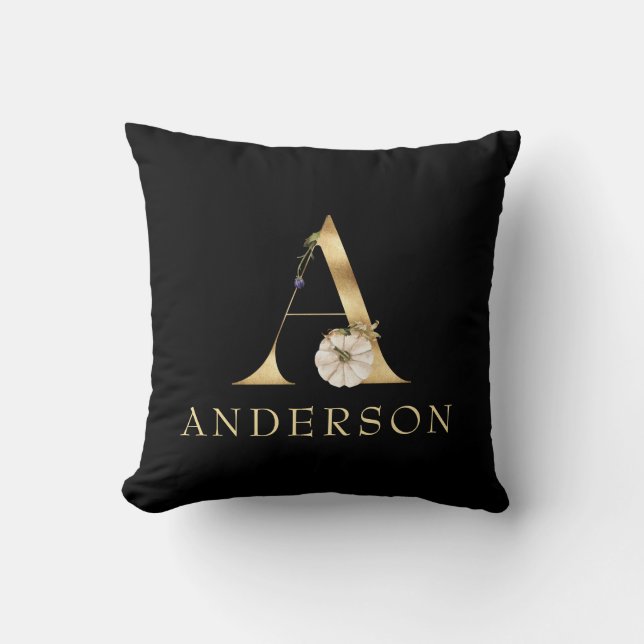 Coussin Monogramme d'automne A avec Citrouille blanc (Recto)
