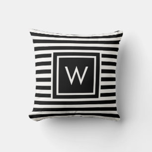 Coussin Monogramme de bande noire et blanche Preppy