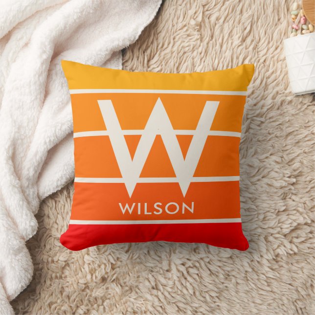 Coussin Monogramme de bande orange rouge large Sunrise (Couverture)