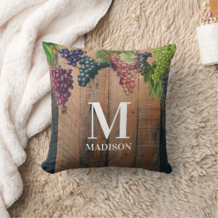 Coussin Monogramme de bois et de raisins rustiques
