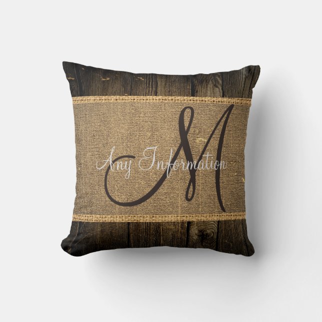 Coussin Monogramme de bois rustique en toile de jute vinta (Recto)
