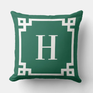 Coussin Monogramme de bordure clé grecque verte et blanche
