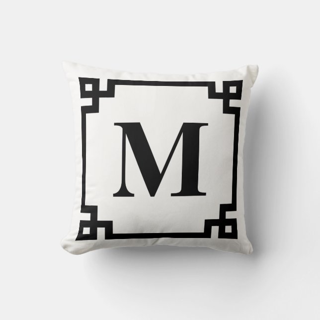 Coussin Monogramme de bordure de clé grecque noire et blan (Recto)