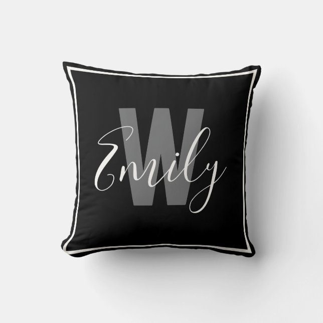 Coussin Monogramme de bordure noire moderne (Recto)