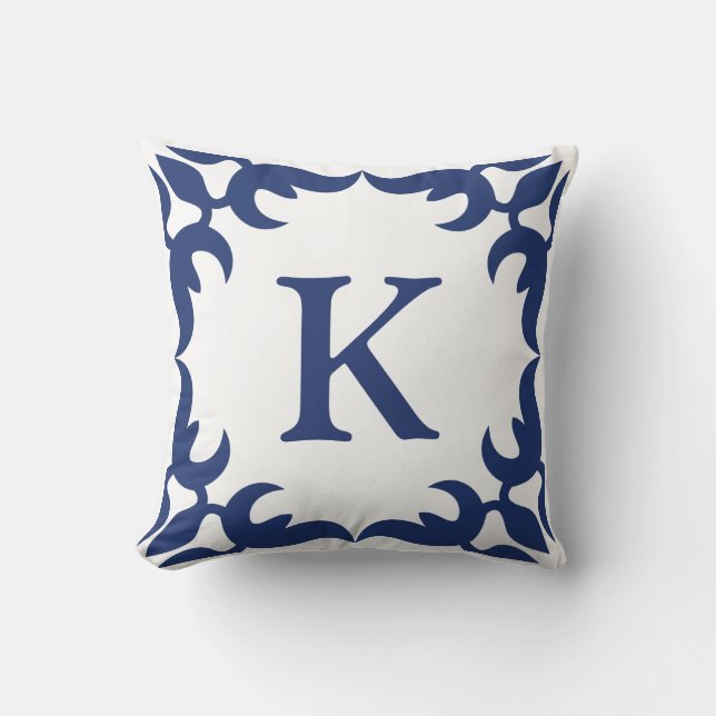 Coussin Monogramme de cadre de défilement bleu et blanc (Recto)