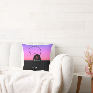 Coussin Monogramme de chat noir au coucher du soleil d'Hal