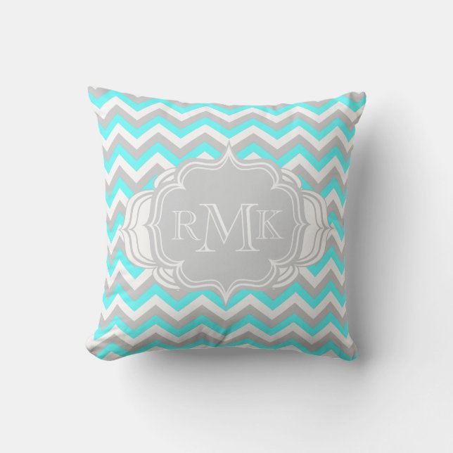Coussin Monogramme de Chevron de pièce de joli Aqua et de (Recto)