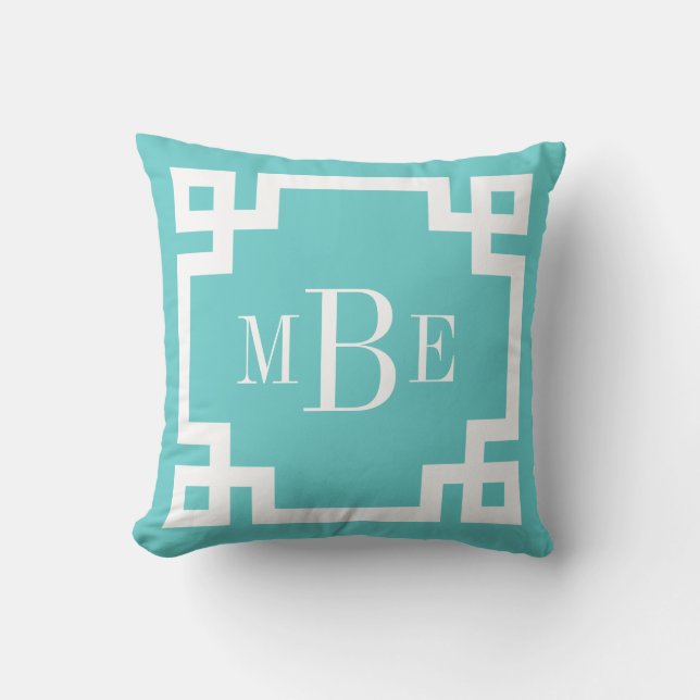 Coussin Monogramme de clé grecque turquoise et blanche (Recto)