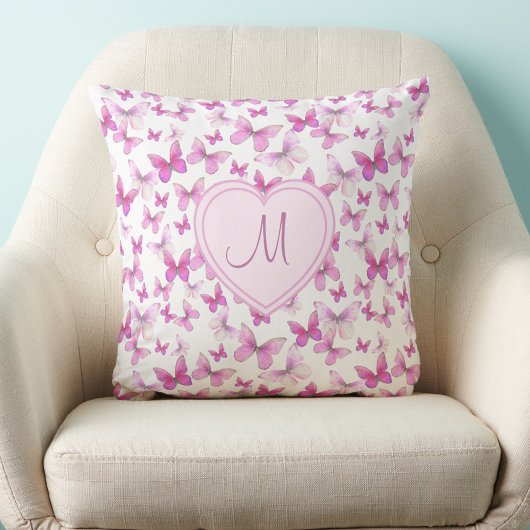 Coussin Monogramme de cœur Papillon rose mignon