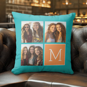 Coussin Monogramme de collection de photos orange et bleu 