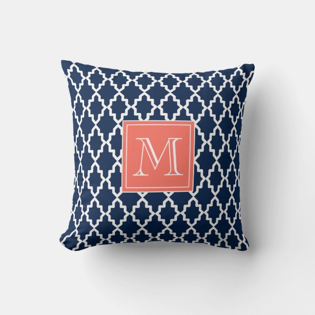 Coussin Monogramme de corail marocain de bleu marine (Recto)