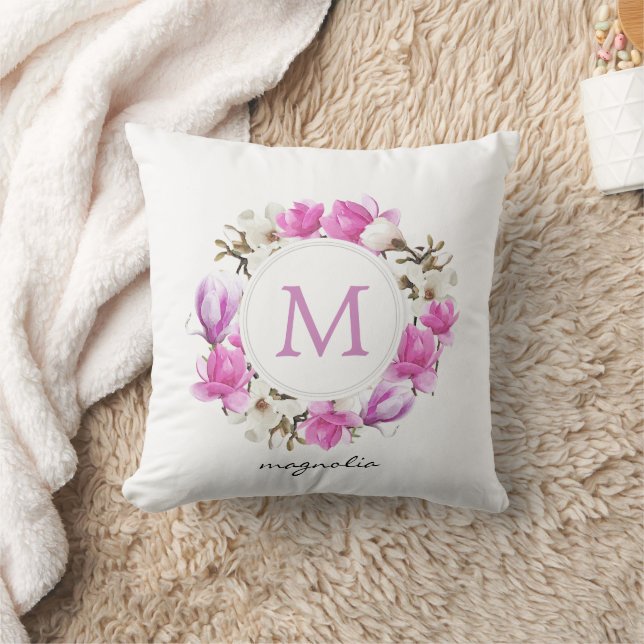 Coussin Monogramme de couronne d'aquarelle Magnolia (Couverture)