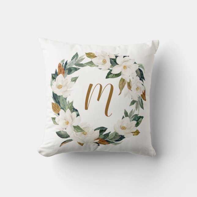 Coussin Monogramme de couronne d'aquarelle Magnolia (Recto)