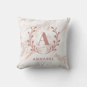 Coussin Monogramme de couronne de marbre rose Nom personna