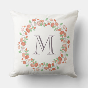 Coussin monogramme de couronne de roses coralliens