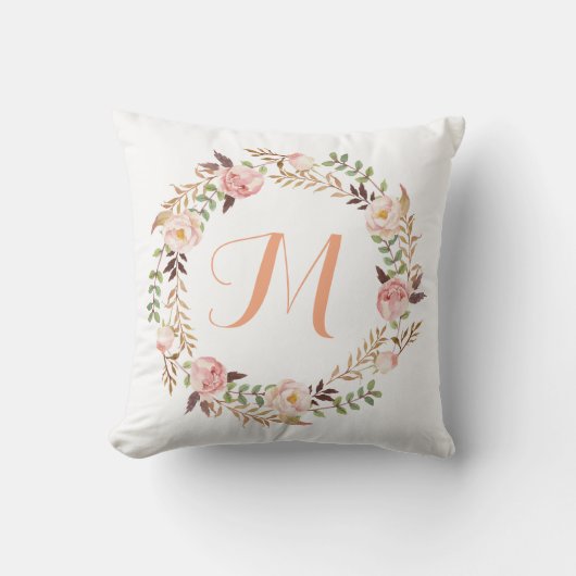 Coussin Monogramme de couronne florale rustique (Recto)